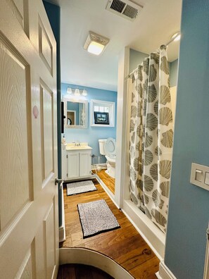 Shower, hair dryer, bidet, towels