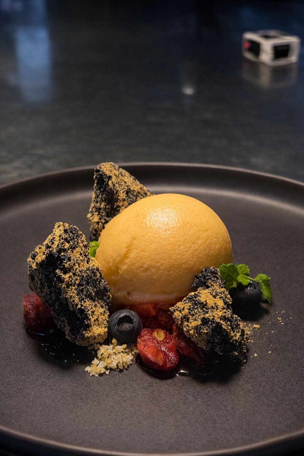 Un postre con una bola de helado, frutos rojos y un plato oscuro.