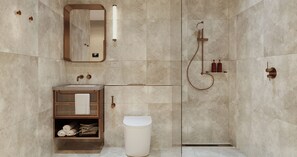 Shower, pancuran hujan, pengering rambut, dan sandal