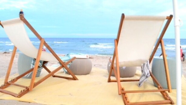 Two wooden beach chairs with canvas seats on a sandy beach. - 3 OR 6 bdrms  Villa - 1 minute from the beach ADD GUESTHOUSE (Boca Raton)