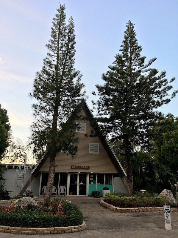 A triangular building with a sign reading "KEY LARGO".