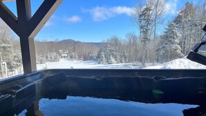 Blick von einer überdachten Fläche auf eine verschneite Landschaft mit Bäumen im Hintergrund.