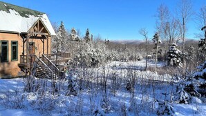 Eine Holzhütte mit überdachter Veranda und einer Treppe zu einer Terrasse.