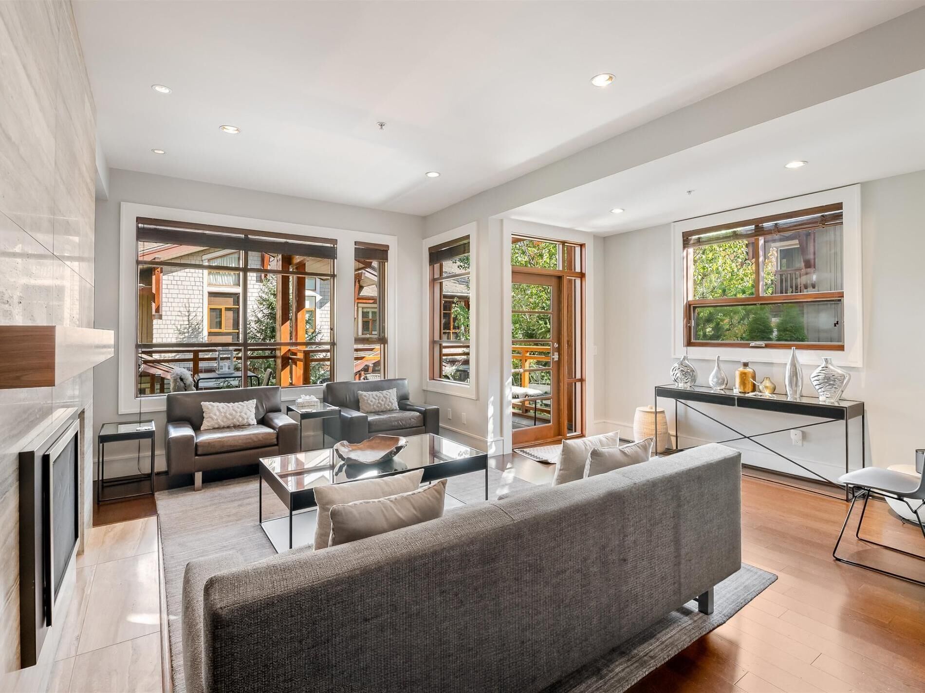 Smart TV, fireplace, books, stereo