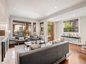 Smart TV, fireplace, books, stereo