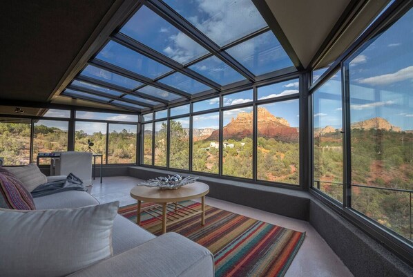 Smart TV, fireplace, books, music library