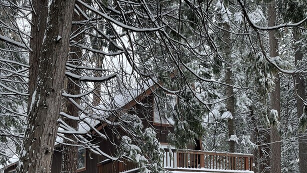A wooden cabin with a covered porch and a garage, surrounded by snow-covered trees. - Treasure in the Trees (Twain Harte)