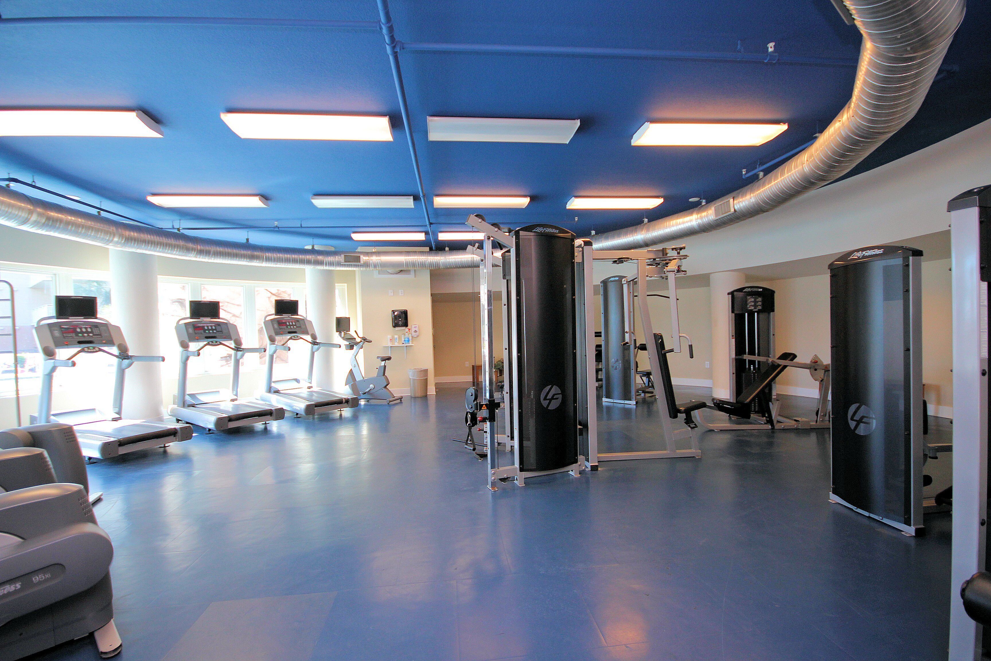 A gym with treadmills, a stationary bike, and weight machines.