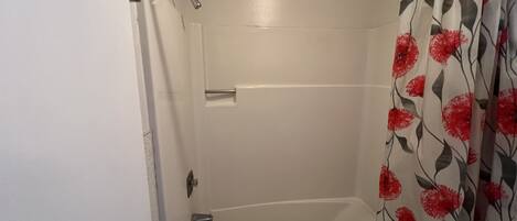 A shower with a glass door, a showerhead, and a curtain with a floral pattern.