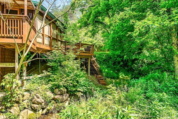 A wooden cabin with a staircase leading to a deck surrounded by dense greenery.