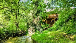 Eine natürliche Landschaft mit einem Bach, üppigem Grün und einer Holzbrücke.