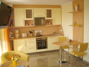 Fridge, microwave, dishwasher, coffee/tea maker