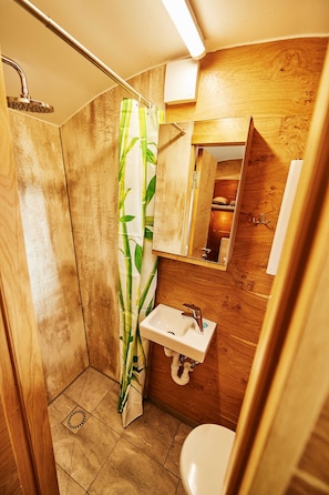A bathroom with a shower, toilet, sink, and mirror.