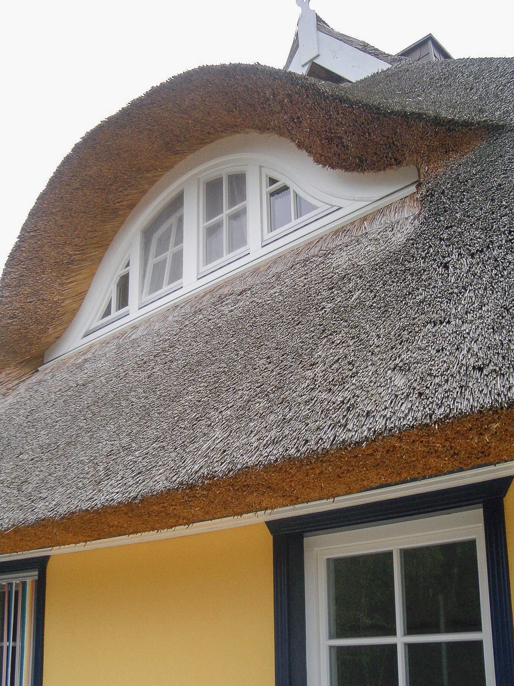 A building with a thatched roof and a dormer window.