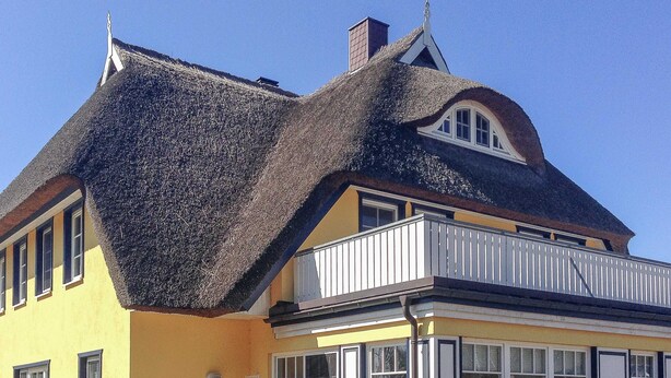 A yellow building with a unique thatched roof and a balcony. - Buchfink, Deutschland (Prerow)