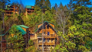 Un ensemble de chalets entouré d’une forêt dense.