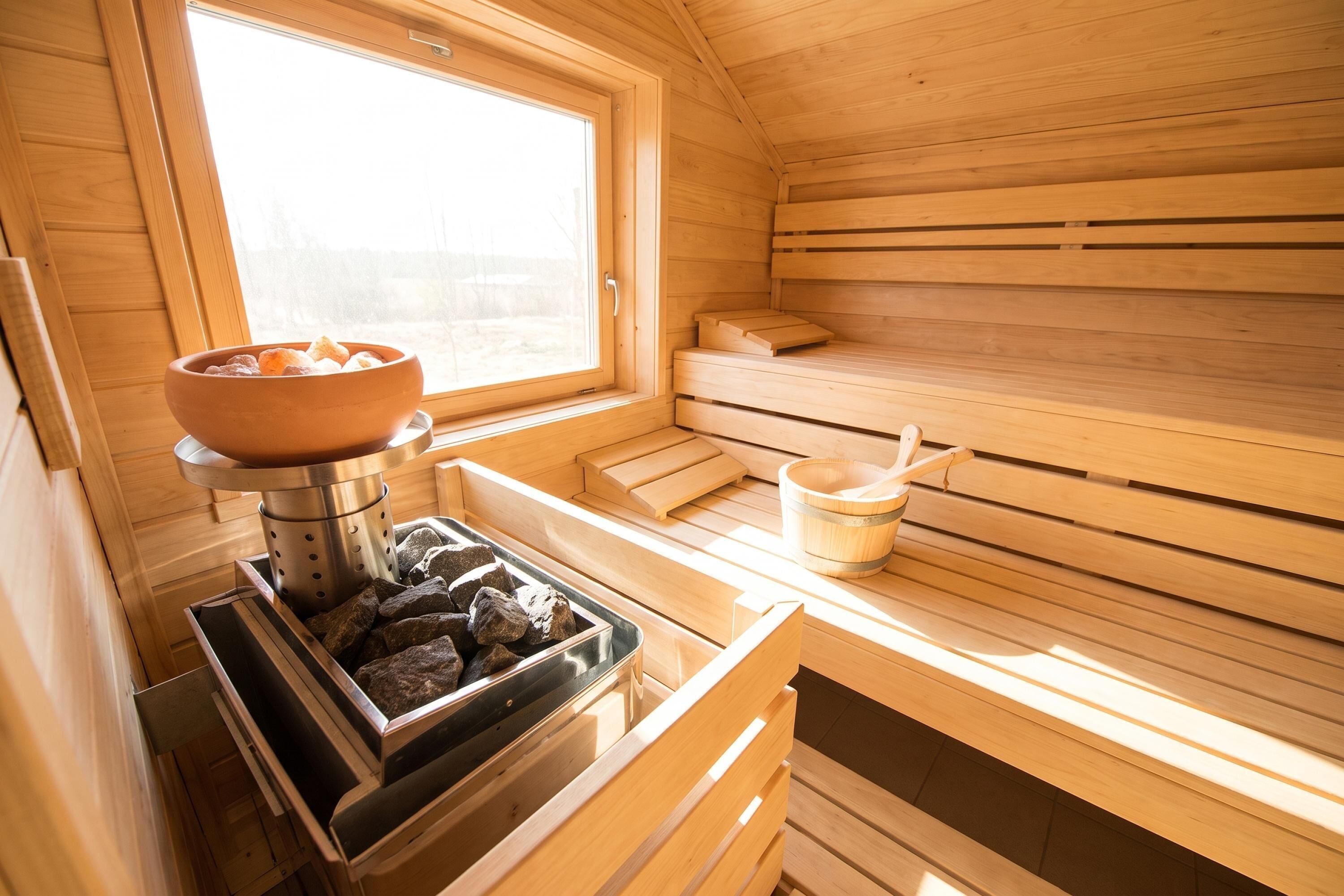 Un sauna con banco de madera, cuenca de piedra y recipiente metálico.