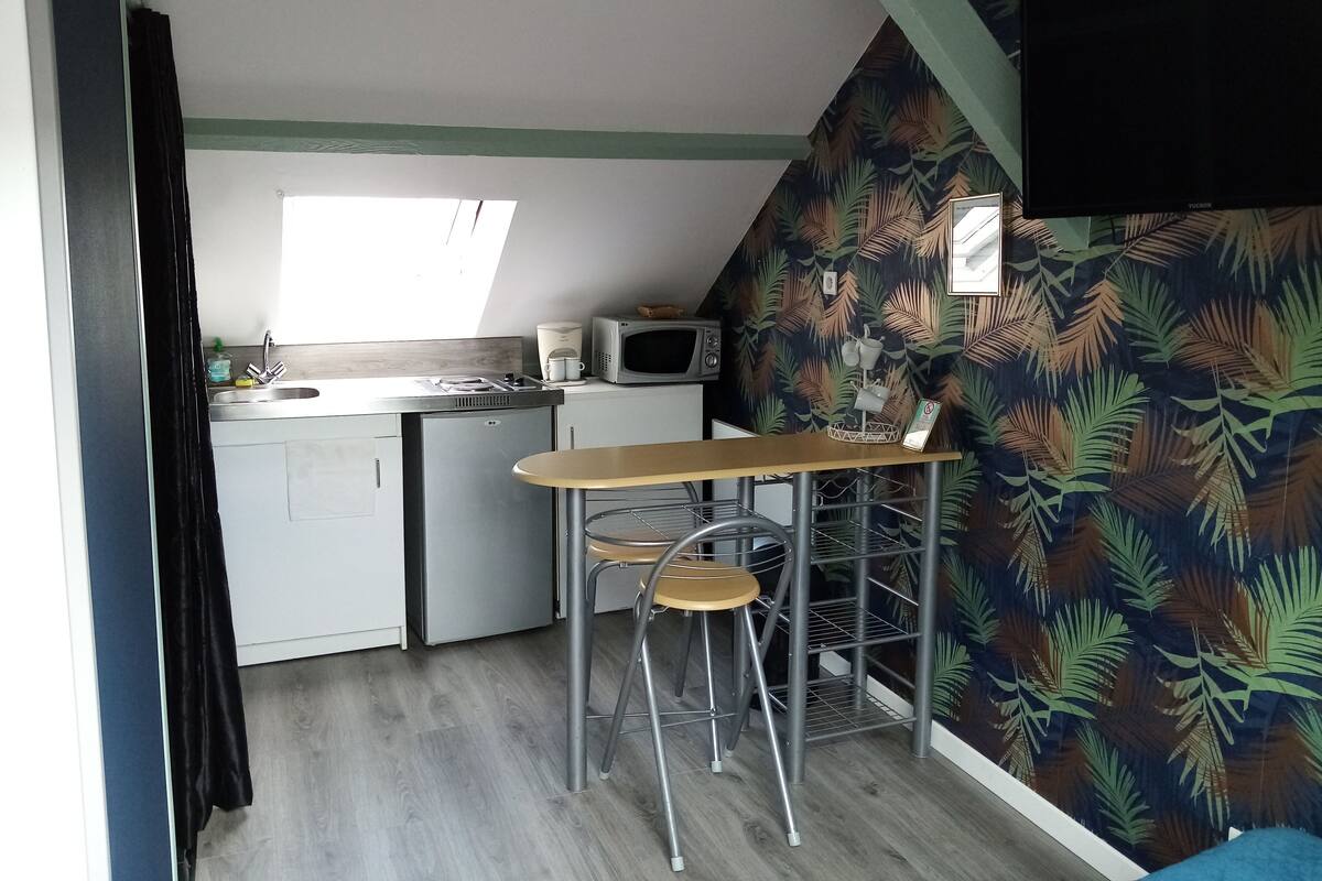Una cocina compacta con microondas, un refrigerador pequeño y un lavamanos. Hay una mesa de madera con dos sillas y un estante con utensilios de cocina. La habitación tiene un techo inclinado y una pared con diseño.