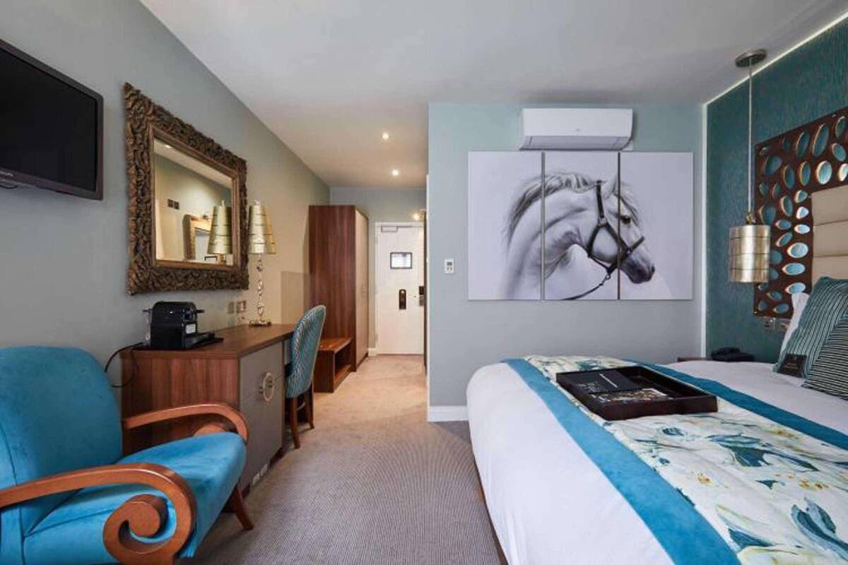 Hotelkamer met een bed, bureau, stoel, televisie en een groot kunstwerk van een paardenhoofd.