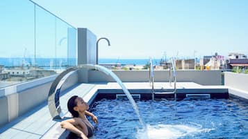 Seasonal outdoor pool, pool umbrellas, pool loungers