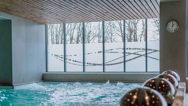 Una piscina interior con vistas a un paisaje nevado a través de amplios ventanales.