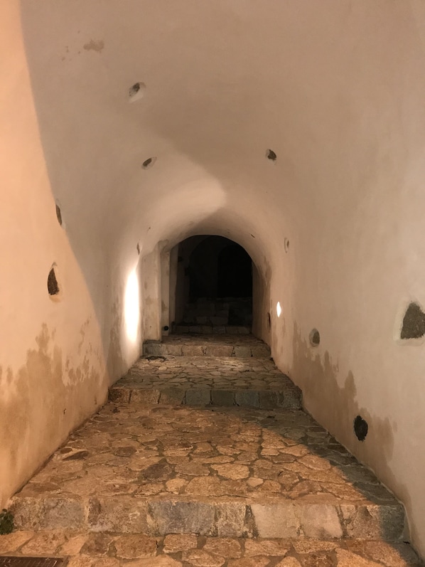 A stone staircase leading to a dark interior, surrounded by walls with patches and holes. - Maison de Village Avec vue Imprenable sur le Cap Corse (Santa-Reparata-Di-Balagna)