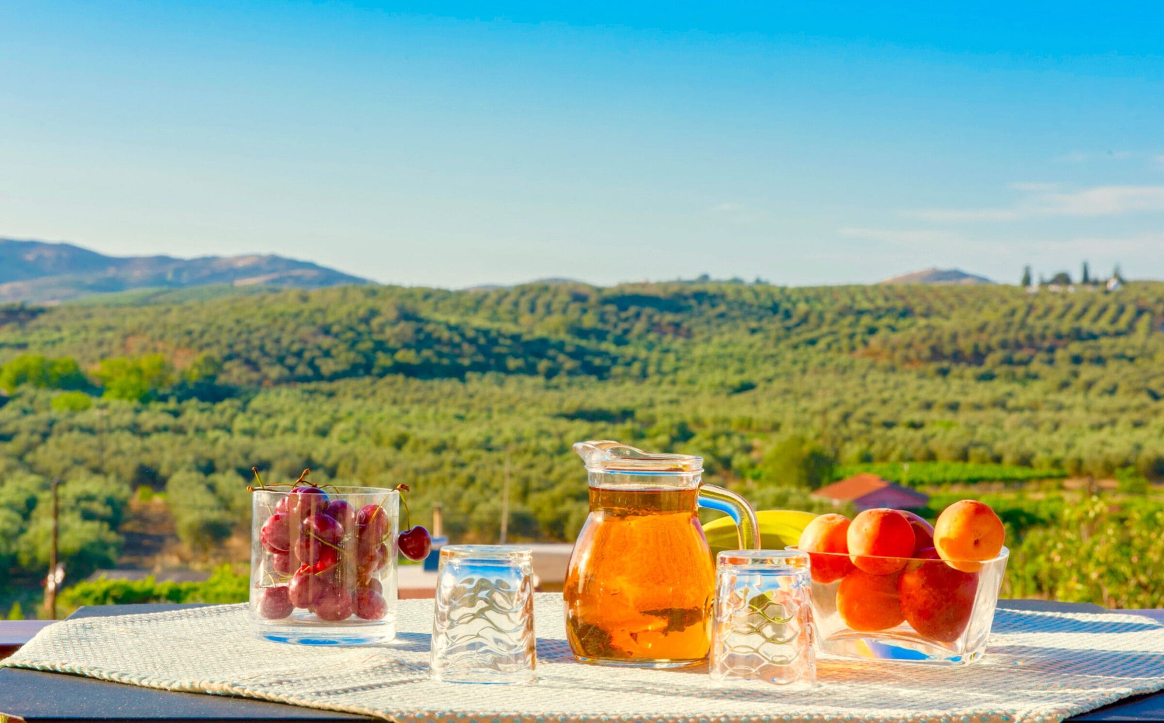 A table with a pitcher, a glass of wine, a glass of water, and a bowl of fruit against a scenic backdrop of hills and trees.