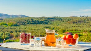 A table with a pitcher, a glass of wine, a glass of water, and a bowl of fruit against a scenic backdrop of hills and trees. - Villa Korini Crete (Mylopotamos)