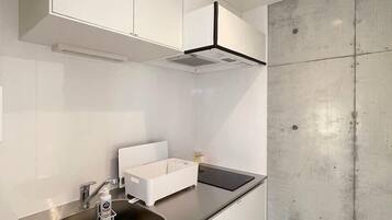 Fridge, microwave, stovetop, cookware/dishes/utensils