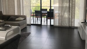 A modern living room with a sofa, a coffee table, and a dining area with chairs and a table.