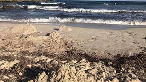 A beach with waves, a clear sky, and rocky cliffs.