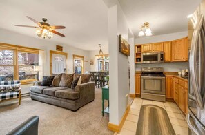 Télévision, cheminée, espaces bureaux