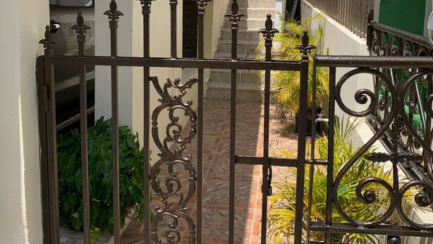 A narrow alleyway with a gated entrance, a staircase leading to a higher level, and a small garden area with potted plants. - Villa Apartment in North Coast of Dominican Republic (Cabrera)