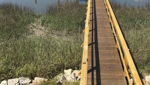 Un muelle de madera que lleva a un pequeño refugio con techo, una lancha amarrada a la derecha y una orilla pantanosa.