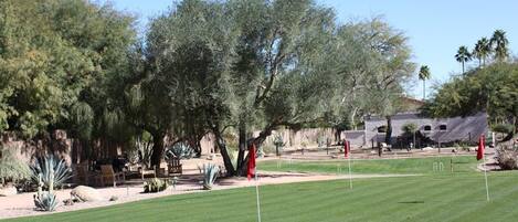 A golf course with a well-maintained lawn, red flags marking the holes, and a variety of trees and shrubs in the background.