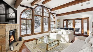 Smart TV, fireplace, video games, DVD player