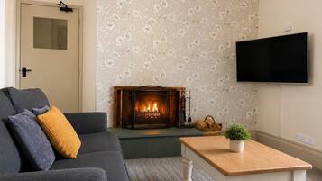 A living room with a sofa, a fireplace, a television, and a small table with a plant.