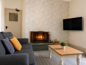 A living room with a sofa, a fireplace, a television, and a small table with a plant. - Howgills House | Self-catering accommodation | Countryside location  (Sedbergh)