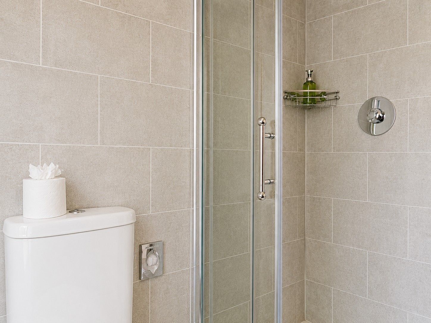A bathroom with a toilet, a glass shower enclosure, and a green soap dispenser on a shelf.