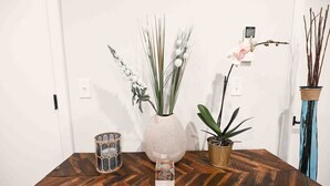 A wooden table with three potted plants and a decorative candle holder. - Unit 102 · Near Yale and Downtown Newly Renovated (New Haven)