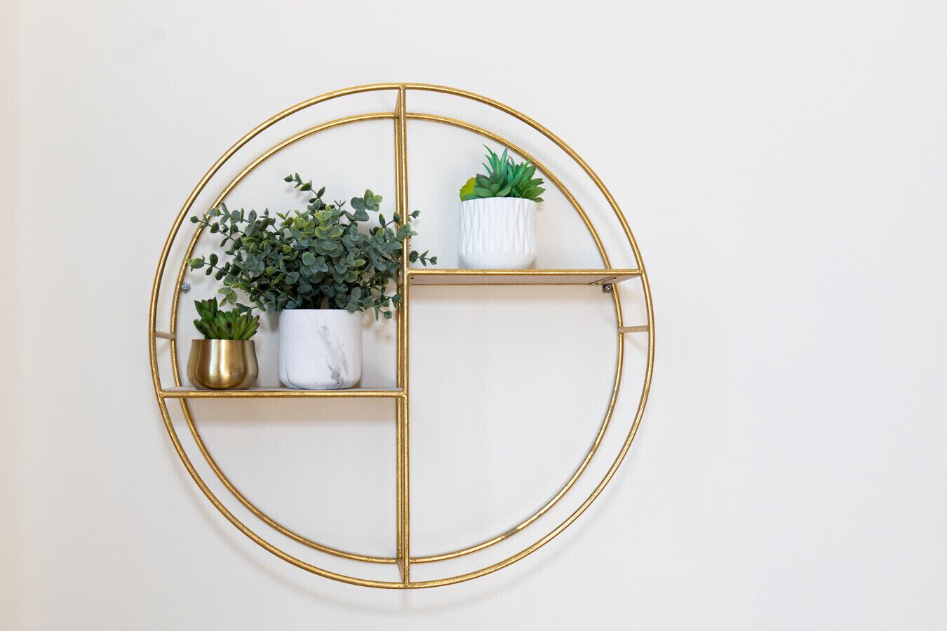 Een rond, aan de muur bevestigd schap met drie vakken, elk met een plant.