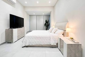 A modern bedroom with a bed, bedside table, TV, wardrobe, and a plant.