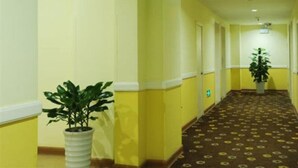 A hotel hallway with yellow walls, a patterned carpet, and potted plants. - Home Inn Hotel Beijing Huoying Subway Station (Beijing)