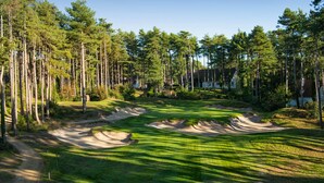 Een golfbaan met zandbunkers, omgeven door hoge bomen en een gebouw op de achtergrond.