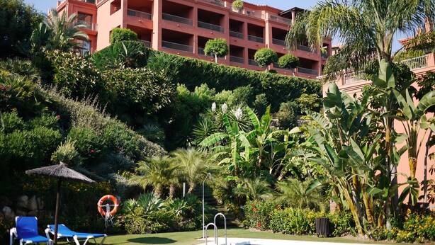 A hotel with a pool area, surrounded by lush greenery and palm trees.