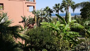 A pink building with a balcony overlooking a lush garden with banana plants and palm trees, and a view of the sea.