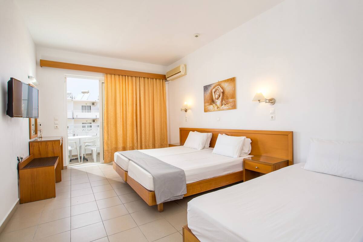 Habitación de hotel con dos camas, un escritorio, una silla, un televisor y un cuadro en la pared.