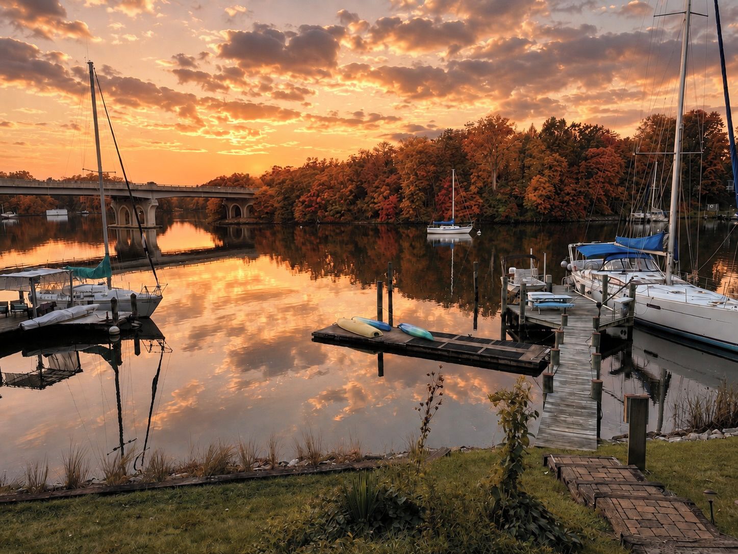A calm waterfront with boats docked, a bridge in the background, and autumn foliage along the riverbank.