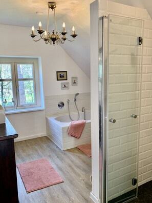 Bathtub, hair dryer, soap, toilet paper