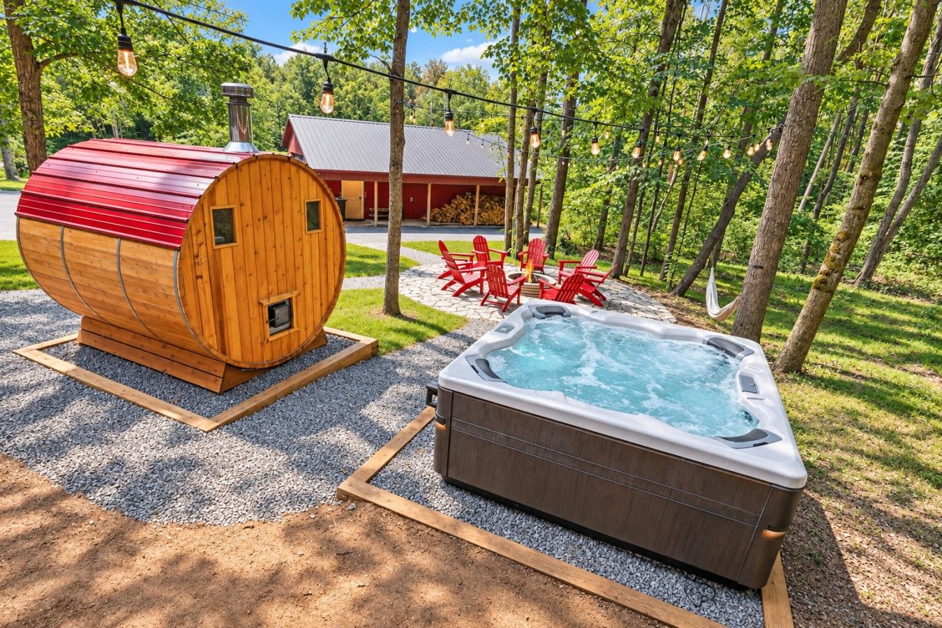 A wooden sauna structure, a hot tub, and outdoor seating with a red-roofed building in the background.